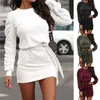 Des femmes de couleur unie à manches longues Robe Bandage Jupe Robe courte confortable Fashion Party Casual Suits Vêtements E117