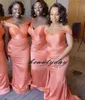 2021 Coral Bridesmaid Dresses Africa Mermaid Off Shoulder Wedding Party Guest Dresses Maid of Honor Dress Cheap Satin Long Draped