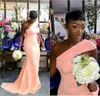 2021 One Shoulder Bridesmaid Dresses Mermaid Coral Sweep Train Hollow Pleats Ruched Maid of Honor Gown African Wedding Guest Wear