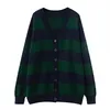 PUWD Vintage Women V Neck Stripe Sticke Cardigan Autumn Fashion Loose Cotton Sweaters Girls Chic Knitwear Tops 220124