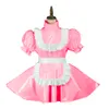 Plus storlek vintage puff kortärmad maid klänning retro hög nacke pvc glänsande dam lolita mini pläterad klänning cosplay party uniform