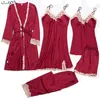 Сексуальные женские платья для халата наборы осень зима 4 5 штук пижамы, наборы для сна, женская набор для сна искусственные шелковые халаты женское нижнее белье 201114