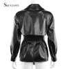 Gothique Black Trench Coat Femmes Automne Streetwear Faux Cuir PU Veste avec ceinture de bandage Dames Mode Moto Veste Outwear 201030