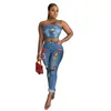 Panie Cartoon Patchwork Denim 2 Sztuk Zestawy Moda Trend Sling Kamizelki Topy Skinny Jeans Kobiety Garnitwór Designer Lato Kobiet Sexy Dwuczęściowe Spodnie