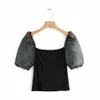 women fashion puff sleeve patchwork knitted blouse shirt women streetwear slimming blusas chic retro black tops LJ200831