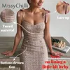 MissyChilli Tweed office wear lace up pink dress Elegant buttons bodycon summer women dress Sexy strapless party short dress T200707