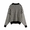 Kvinnor Houndstooth Stickning Loose Sweater Casual Femme O-Neck Långärmad Pullover High Street Lady Tops SW898 201221
