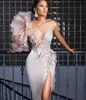 Designer Prom Dresses Blush Pink Mermaid Beaded Side Slit Elastic Satin Ruffles Crystals Jewel Neck Illusion Evening Party Gowns 403