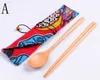 3pcs/set Chinese Chopsticks Spoon Cloth Bag Wooden Dinnerware Set Portable Tableware With floral Cloth Bag for outdoor Travel L