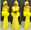 Aso Ebi Yellow Prom Dresses With Ruffles Mermaid Appliques Beadings Sheer 3/4 Sleeves Evening Gowns