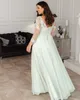 Sage Lace Plus Size Prom Dresses Sheer Bateau Neck A Line Long Sleeves Evening Gowns Floor Length Chiffon Formal Dress 415