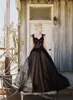 Retro Black Tulle A Line Wedding Dresses Glamorous Applique Beaded Sweep Train Boho Hippie Bridal Formal Dress Backless Cap Sleeves Second Reception Dress AL9799