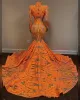 2022 Orange Prom Dresses High Neck Mermaid Sweep Train Long Sleeves Sexy Illusion Bodice Custom Made Plus Size Evening Gowns Forma2396