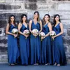 Королевские голубые платья подружки невесты спагетти ремни шелковой шифоновый пол длины летняя пляжная свадебная вечеринка.