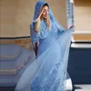Light Sky Blue Moslim Avondjurken Kant Applicaties Hooded Cloak Saoedi-Arabië Dames Prom Jurken Lange Formele Party Vestidos