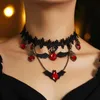 Nueva Moda Halloween Bat Jewelry Mujeres Personalizada Gótica Vintage Encaje Flor Ruby Colgante Gargantilla Collares