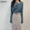 Swetery kobiet Neploe Skewę Kołnierz Nieregularny dzianin Sweater Kobiety Elegancki jesienna zima elegancka elegancka femme pullovers solidny kolor proste topy z całego meczu 221006