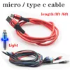 3FT / 6FT Kablar LED Light Cables 3.0a Fast Laddning Micro / Typ C Tvåfärgsdukmönster USB-laddare Kabel för Samsung S20