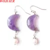 WOJIAER Dangle crochet lune boucles d'oreilles pierre naturelle perle pendentif boucle d'oreille charmes Reiki femmes corne en forme de bijoux suspendus BO947