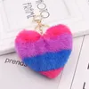 Lovely Heart Keychains Women's Pom Poms Faux Rex Rabbit Fur Ball Key Chains Girl Bag Hang Car Key Ring Pendant Party gift 10pcs