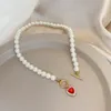 Vintage Perlenkette für Frauen Retro Roter Kristall Herz Anhänger Perlenhalsband Halsketten Geschenke Schmuck