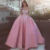 Pink Beaded Prom -klänningar från axeln Satin Appliced ​​Evening Ball -klänningar Plus storlek Golvlängd Tulle Formell klänning 328 328