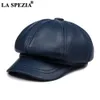 La Spezia Real Leather Newsboy Cap 여성 단단한 베이커 소년 모자 레드 블랙 블루 핑크 빈티지 브랜드 숙녀 겨울 팔각형 캡 201013