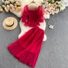 Robe deux pièces en maille Sexy pour femmes, rouge/violet/jaune, col carré, hauts courts + jupe trapèze taille haute, costumes féminins élégants, été 2022