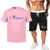 Survêtement pour hommes 2 pièces ensembles été solide sport costume hawaïen à manches courtes t-shirt et short décontracté mode homme vêtements marque logo imprimer