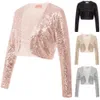 Women Coat Shining Sequined Long Sleeve Cropped Length Open Front Bolero Shrug T200111