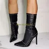 Rivet Black Suede Fin Alto Botas de salto alto Sexy dedo pontado sobre o joelho com zíper Mulheres botas STILETTO HIGL SAPELAS6775387