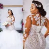 Grande taille Illusion manches longues robes de mariée 2021 Sexy africain nigérian bijou cou à lacets dos sirène appliques robes de mariée