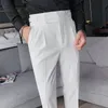 2021 Design Men High Waist Trousers Solid England Business Casual Suit Pants Belt Straight Slim Fit Bottoms White Clothing 220214