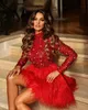 Red Short Homecoming Dresses Beaded Feather Cocktail Prom Dresses Sequined High Neck A Line Long Sleeves Evening Gowns V94