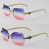 New Micro-paved Diamond Set Rimless Womens Men Sunglasses White Genuine Natural Buffalo Horn Outdoors driving Sun glasses Male and Female Frame With 18K Gold Glasses
