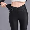 Femmes PU Pantalon En Cuir Taille Haute Élastique Maigre Pantalon Sexy Slim Femme Crayon En Cuir Pantalon D'hiver Nouveau Plus Velours 182J 201118