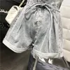 CHICEVER Frühling Frauen Denim Kurze Hose Hohe Taille Spitze Up Kordelzug Mit Knopf Taschen Lose Weibliche Breite Bein Hosen 2020 neue T200828