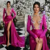 Sexy Fuchsia Satin Evening Dresses For Arabic Women Long Sleeves O Neck See Through High Split Beaded Top Prom Party Gowns