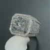 925 Sterling Silver Full Diamond Shiny Luxury Trend Style Honeycomb Boys Platinum Plated Imitation Zircon Wide Ring