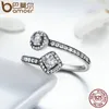 BAMOER 100% 925 Sterling Silver Round Square deslumbrante CZ Open Finger Ring para mujeres Joyas de compromiso de boda Anel PA7626 Y1905316P