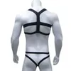 Bondage Mens Harnas Thongs Set Body Borst Kostuum G-String Jockstrap Lingerie Man Halter Hals Holle Nachtclub Kostuum 220303