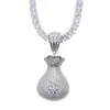 Collier en zircone cubique entièrement pavée pour femmes, pendentif de sac d'argent en Dollar glacé, Hip Hop, avec boîte de Tennis, chaîne 245y