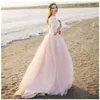 Duas peças cor-de-rosa vestidos de noiva de casamento A-Line Appliques Lace Top Meios Mangas Ilusão Long Boho Beach Vestidos Noiva Novo 2021 Vestidos de Novia