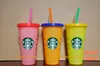 Bicchieri cambia colore da 24 OZ Bicchieri di succo di plastica con labbra e cannuccia Tazza da caffè magica Costom Starbucks che cambia colore in plastica 301A