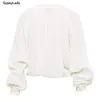 Gypsylady White Lace Vintage Blus Shirt 100% Cotton Spring Long Lantern Sleeve V-Neck Sheer Sexy Women Chic Top 220307