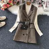 Höst Vinter Houndstooth Woolen Vest Kvinnor V-Neck Samll Doft Dubbelbröst Waistcoat 211220