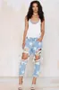 Summer Boyfriend Jeans Woman Big Hole Jeans for Women With Five pointed Star Ripped Jeans Light Blue Denim Pants LJ200811