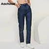 Aachoae Mode 100% coton Mom Jeans Femmes Taille haute Poches solides Cowboy Pantalon Zipper Fly Long Denim Crayon Pantalon 201223