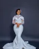 2022 Plus Size Arabic Aso Ebi Luxurious Mermaid Lace Wedding Dress Pearls Long Sleeves Vintage Bridal Gowns Dress ZJ440