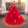 Saudi Arabia Wedding Dress Top Quality Red Bridal Gowns Tulle Organza with Gold Floral Applique Court Train